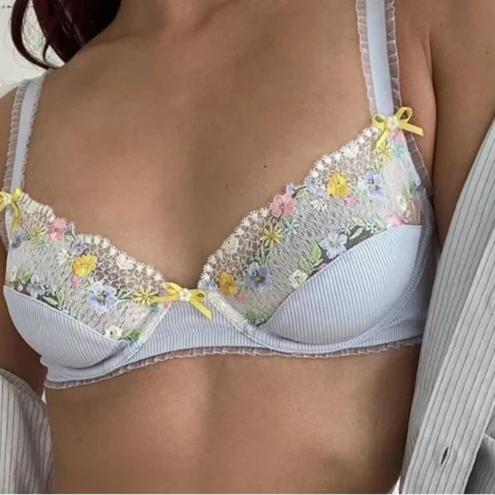 Floral Lace Underwire Bra - Light Blue with Pastel Embroidery